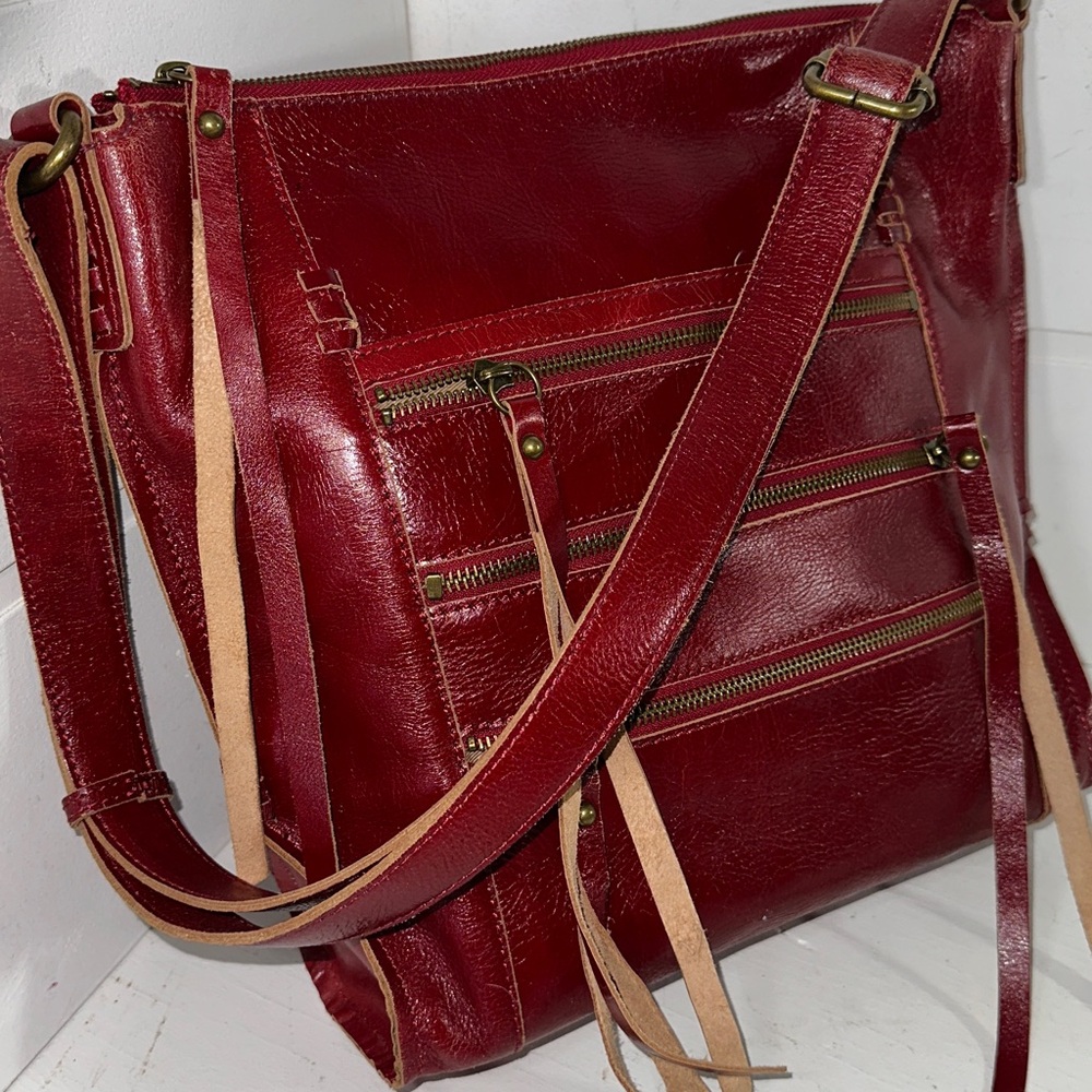 Lucky deep red color leather large cross body shoulder tote. - Picture 4 of 10